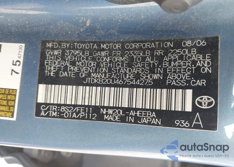2006 Toyota Prius from USA, damaged, VIN JTDKB20U467544275